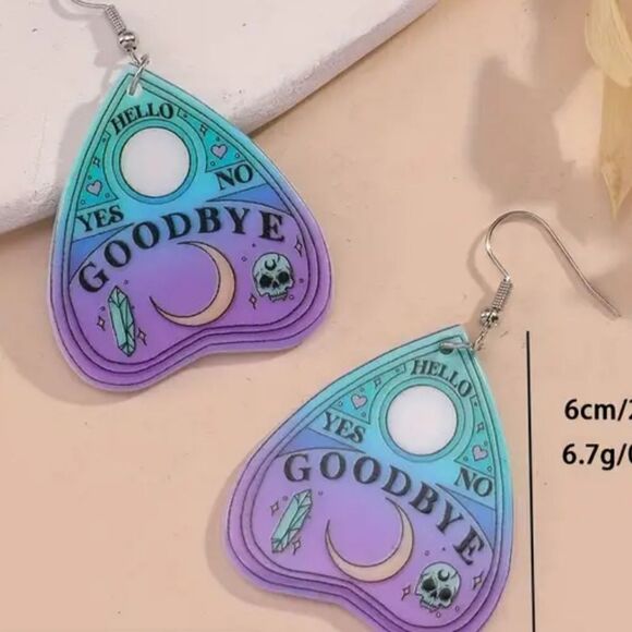 New Fun Dangle Ouija Planchet Halloween Earrings Blue and Lavender - Picture 3 of 4